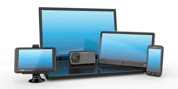 Ordenador portátil, teléfono móvil, tableta PC y GPS. 3d —  Fotos de Stock