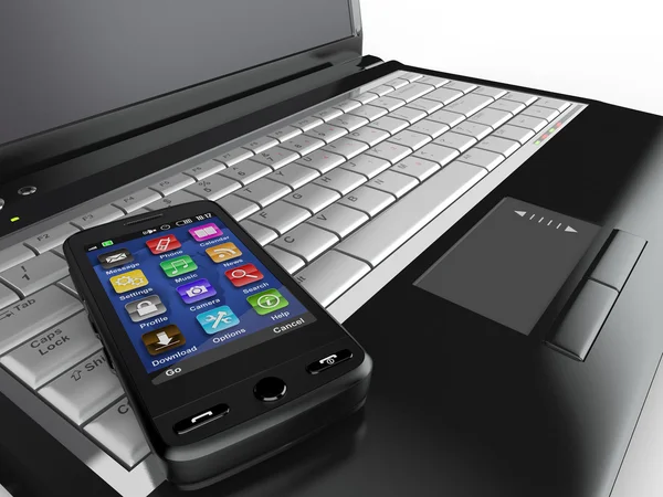 Verbinding maken met. laptop en mobiele telefoon — Stockfoto
