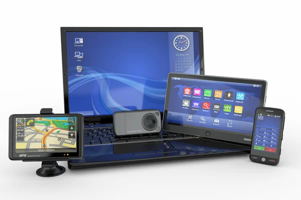 Elektronica. laptop, mobiele telefoon, tablet pc en gps — Stockfoto