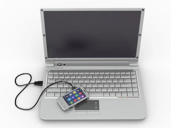 Verbinding maken met. laptop en mobiele telefoon — Stockfoto
