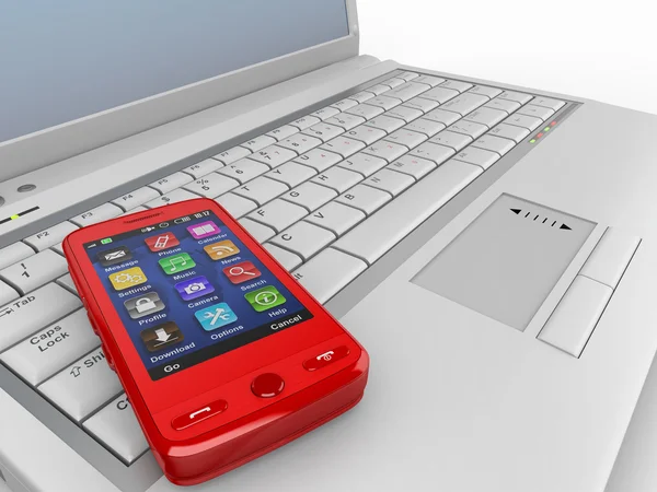 Verbinding maken met. laptop en mobiele telefoon concept. — Stockfoto