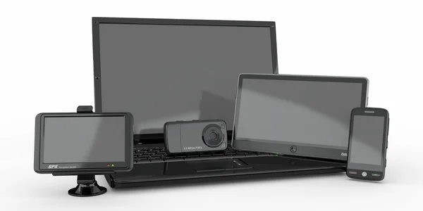 Laptop, mobiele telefoon, tablet pc en gps. 3D — Stockfoto