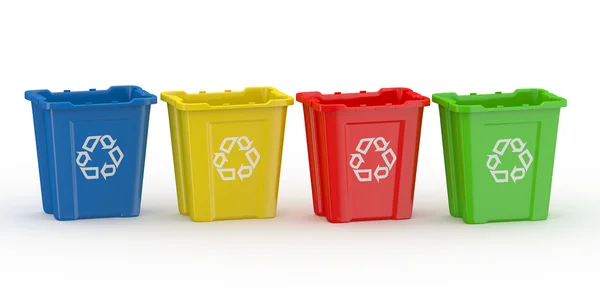 Papelera de reciclaje con signo de reciclaje. Ordenar por material —  Fotos de Stock