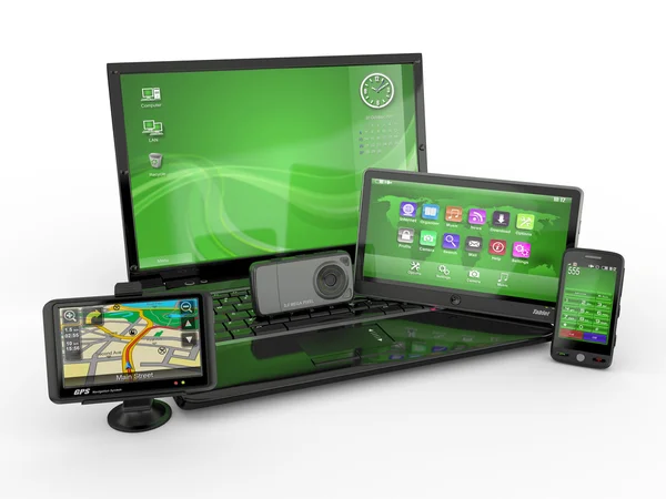 Ноутбук, мобильный телефон, планшетный компьютер и GPS. 3d — стоковое фото