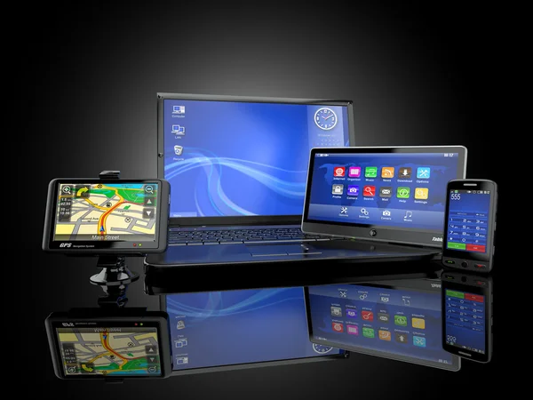 Electrónica. Ordenador portátil, teléfono móvil, tableta PC y GPS — Foto de Stock