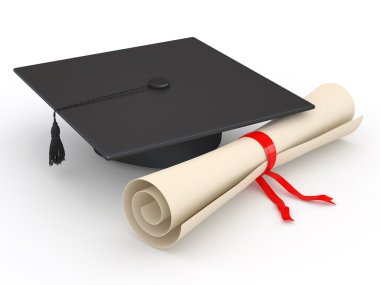 Graduation. Mortarboard and diploma. 3d clipart
