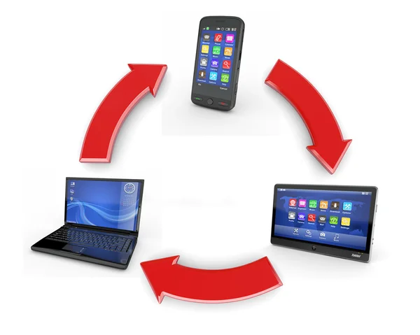 Comunicación. Ordenador portátil, tableta PC y teléfono celular —  Fotos de Stock