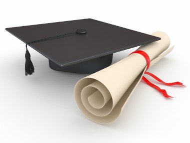 Graduation. Mortarboard and diploma. 3d clipart