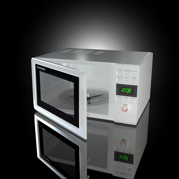 Otwórz biały kuchenka mikrofalowa. 3D — Zdjęcie stockowe