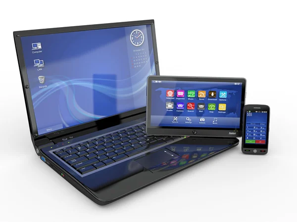 Eletrônica. Laptop, telefone celular e tablet pc — Fotografia de Stock