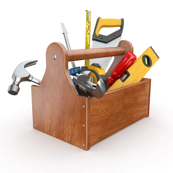 Caixa de ferramentas com ferramentas. Chave de fendas, martelo, serra manual e chave inglesa — Fotografia de Stock