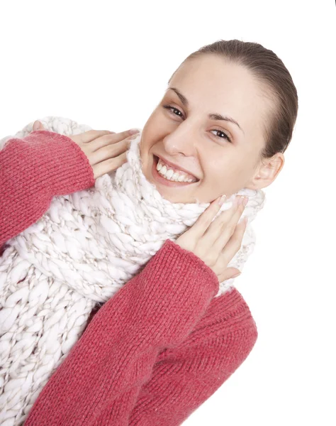 Gyönyörű nő téli pulóver és sál — Stock Fotó