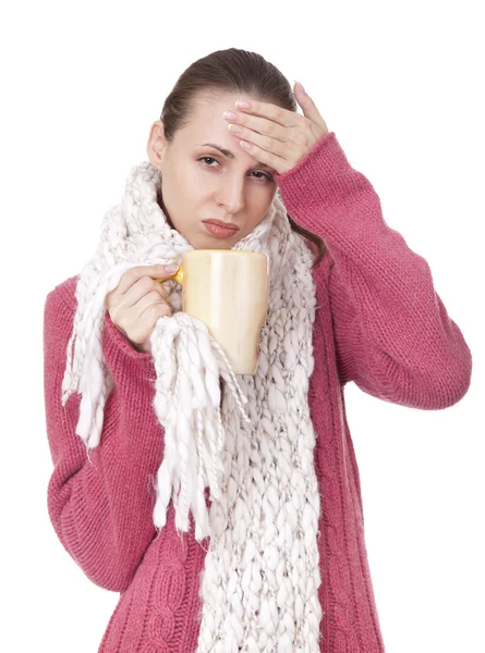 Sick woman with cup in winter sweater and scarf — Stock Photo, Image
