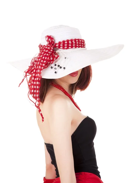 Fashion girl in retro style with big hat — Stock Photo, Image