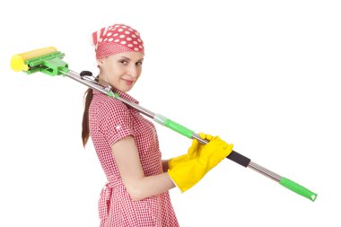 Charwoman with mop on white clipart