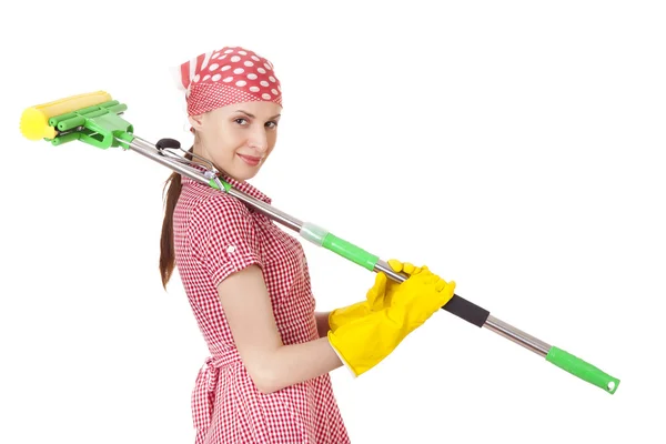 Charwoman with mop on white — Stock Photo, Image