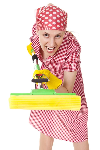 Funny charwoman with mop on white — Stock Photo, Image