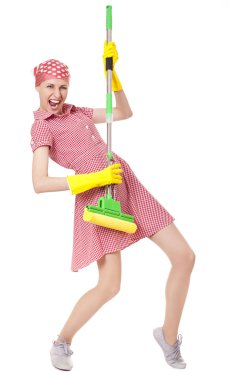 Playful charwoman with mop on white clipart