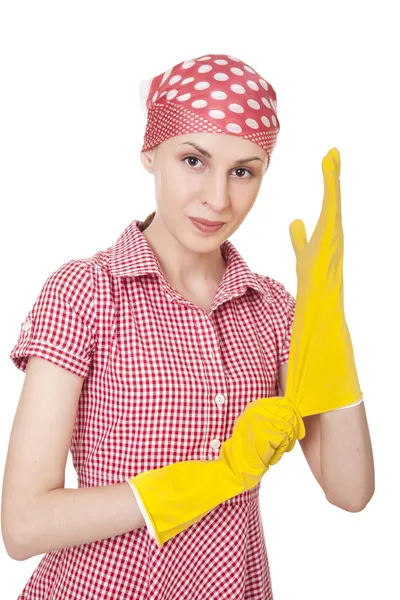 Empregada está pronta para a limpeza — Fotografia de Stock