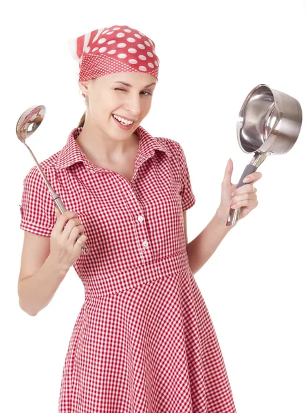 Playful housewife with ladle and pan — Stock Photo, Image