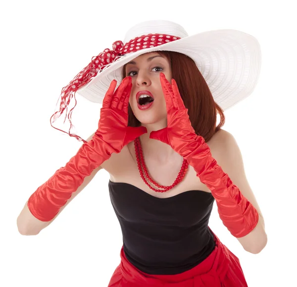 Shouting fashion girl in retro style with big hat — Stock Photo, Image