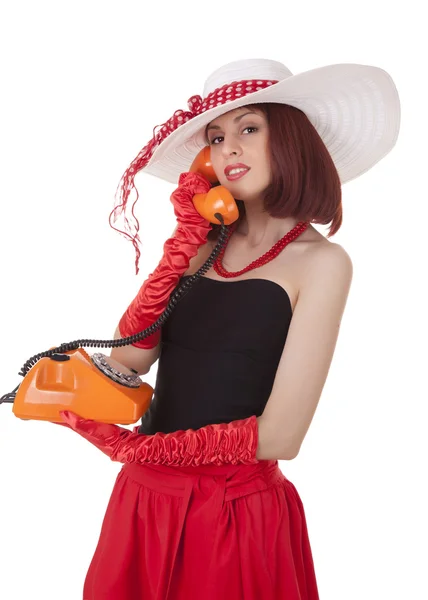 Fashion girl in retro style with vintage phone — Stock Photo, Image