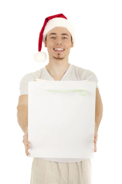 Joven Santa con bolsa blanca — Foto de Stock