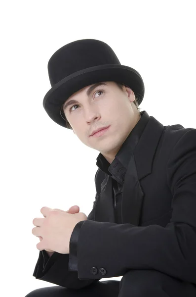 Mężczyzna w czarnym garniturze surowy i kapelusz Zdjęcie Stockowe