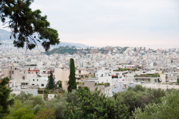 View of the Athens city in Greece, focus on the tree in front, shallow depth of field