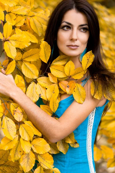 Жінка з жовтим листям восени — стокове фото
