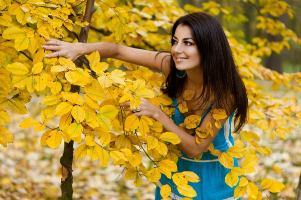 Mujer con hojas amarillas en otoño —  Fotos de Stock