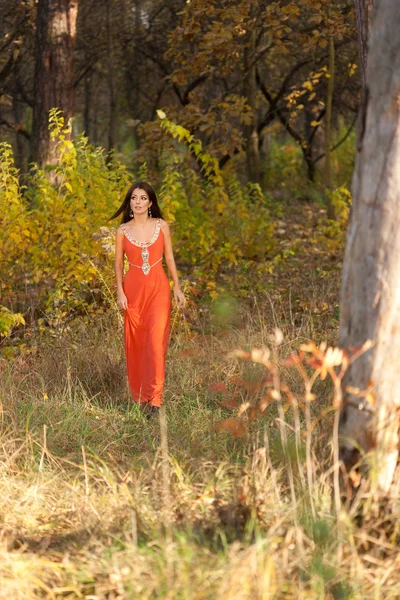 Woman in orange dress at the nature — Stock Photo, Image