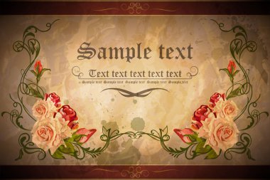 Label in antiquarian style with painted roses on mints a background clipart