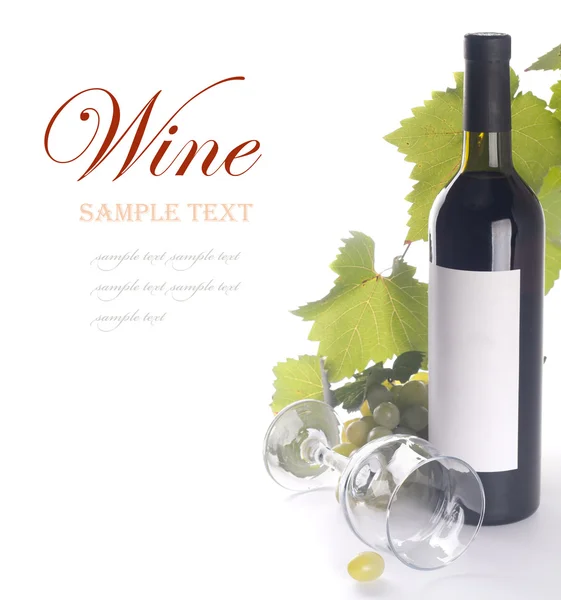 Rijpe druiven, een glas wijn en een fles wijn — Stockfoto