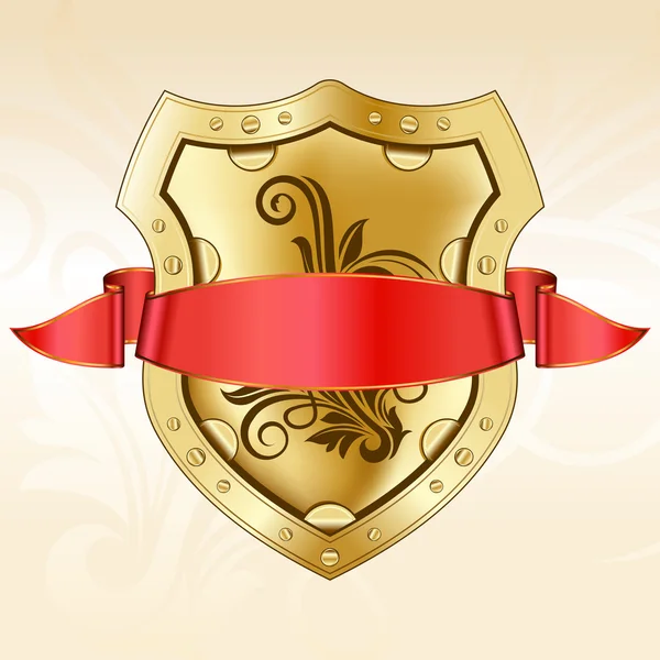 Escudo de ouro com fita vermelha — Vetor de Stock