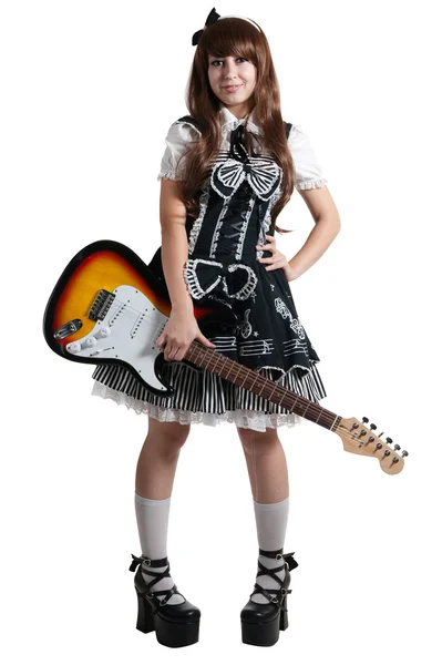 Cosplay ragazza in abito nero con chitarra — Foto Stock