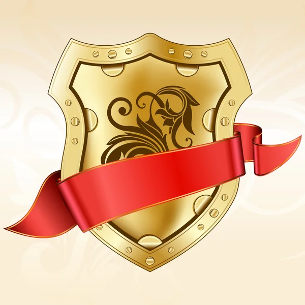 Gold shield with ribbon — Stock Vector
