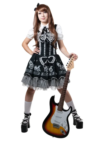ギターと黒のドレスでコスプレ少女 — ストック写真