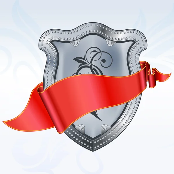 Escudo de acero con cinta roja — Vector de stock