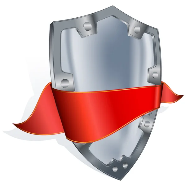 Steel shield with red ribbon — Stock Vector