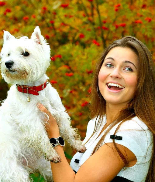 Portrait of beautiful girl with her dog — Stock Photo, Image