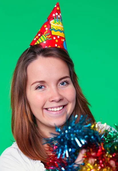 stock image Cute young girl with christmas garlands