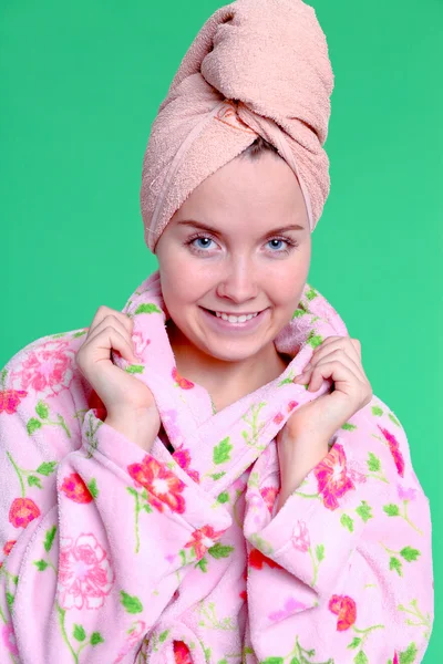 Portrait of beautiful woman in terry dressing gown — Stock Photo, Image