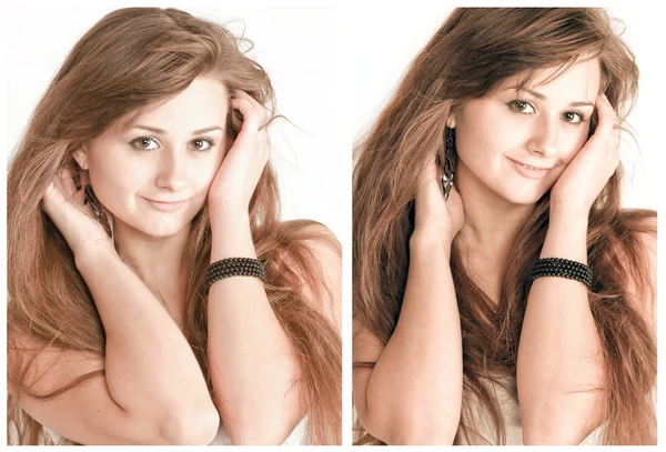 Чуттєва молода жінка з красивими довгими коричневими волосками — стокове фото