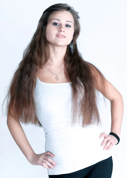 Mladí a svůdná brunetka izolovaných na bílém pozadí — Stock fotografie
