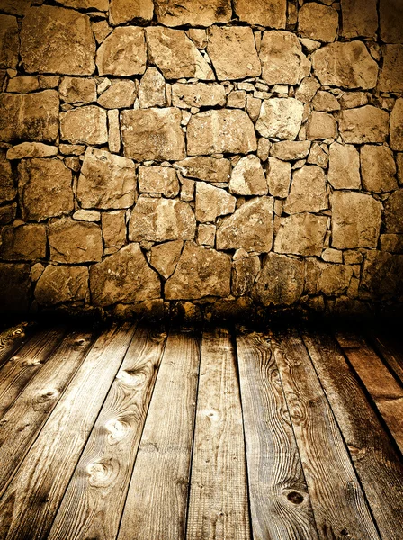 Stenen muur en houten vloer — Stockfoto
