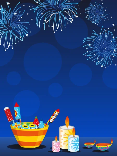 Fireworks background with crackers, candles and diya — Stock Photo, Image