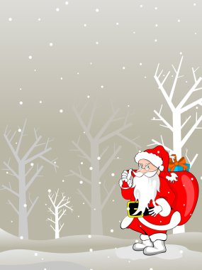 vector merry christmas background with santa holding gifts bag clipart