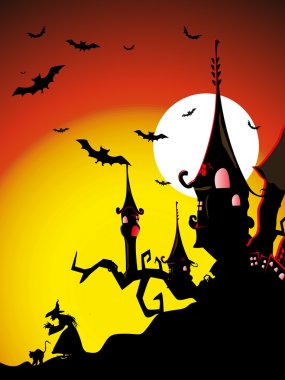 Background with spooky house, flying bat clipart