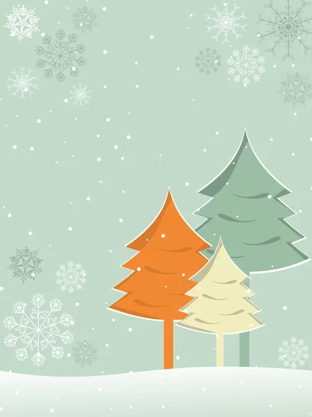 Płatki śniegu tło z Boże Narodzenie drzewo na uroczystości — Wektor stockowy